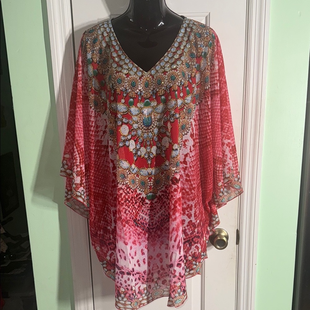 HaoChan Red/Pink Design Jewel Neck Sheer Cover-up Poncho Beach Vibes 33” P2P O/S